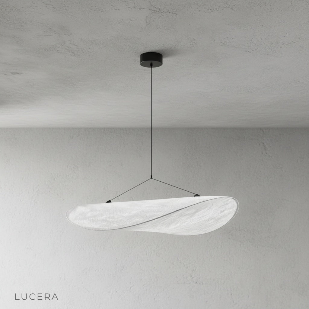 Close-up of Eridanus pendant light Tyvek texture with soft diffused glow
