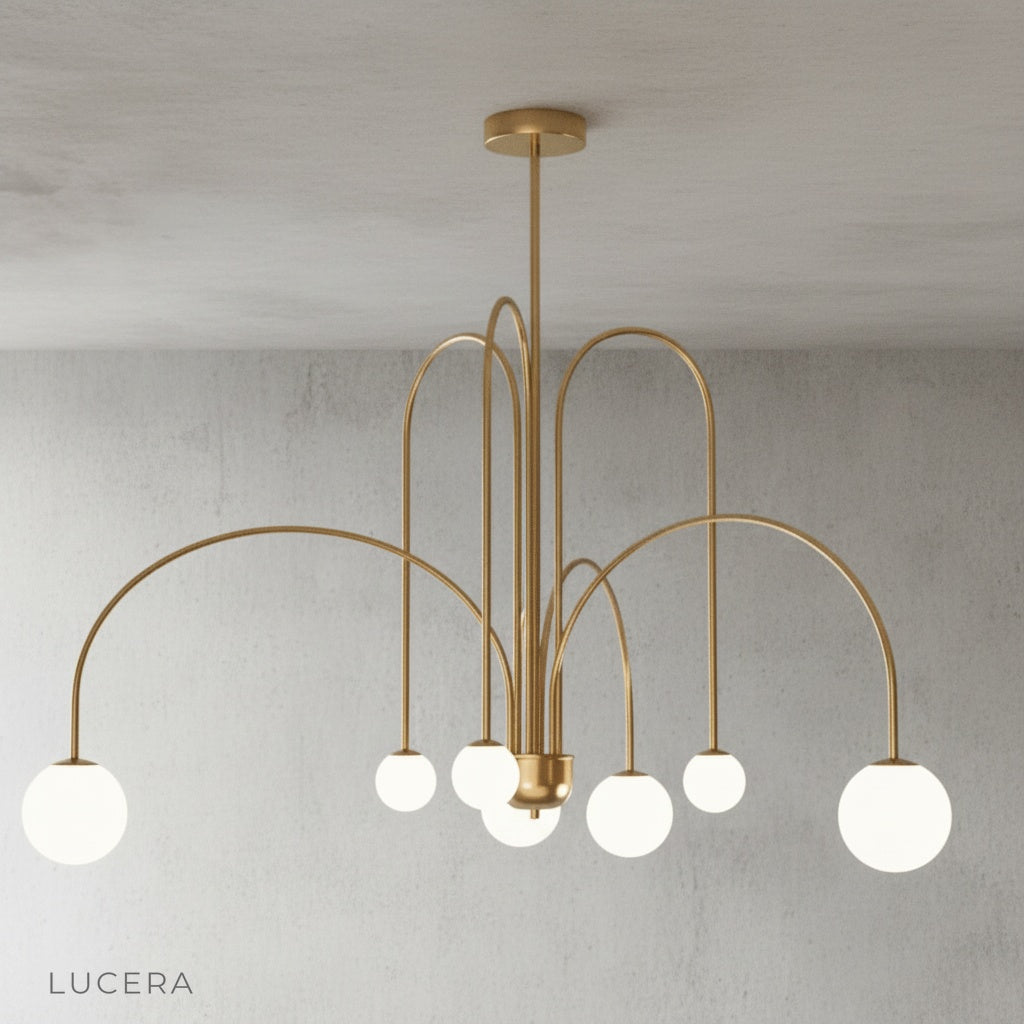 Close-up of hand-blown opal glass globe on Unico Chandelier iron arm