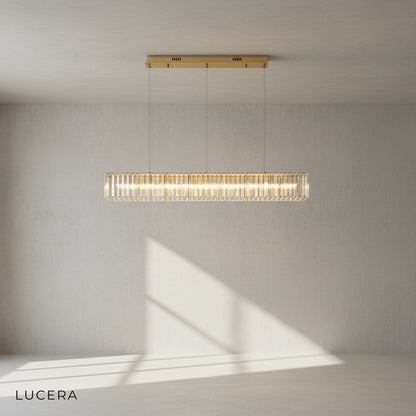 Detail view of the Art-Deco geometric metalwork and hanging crystal strands on Ivar chandelier