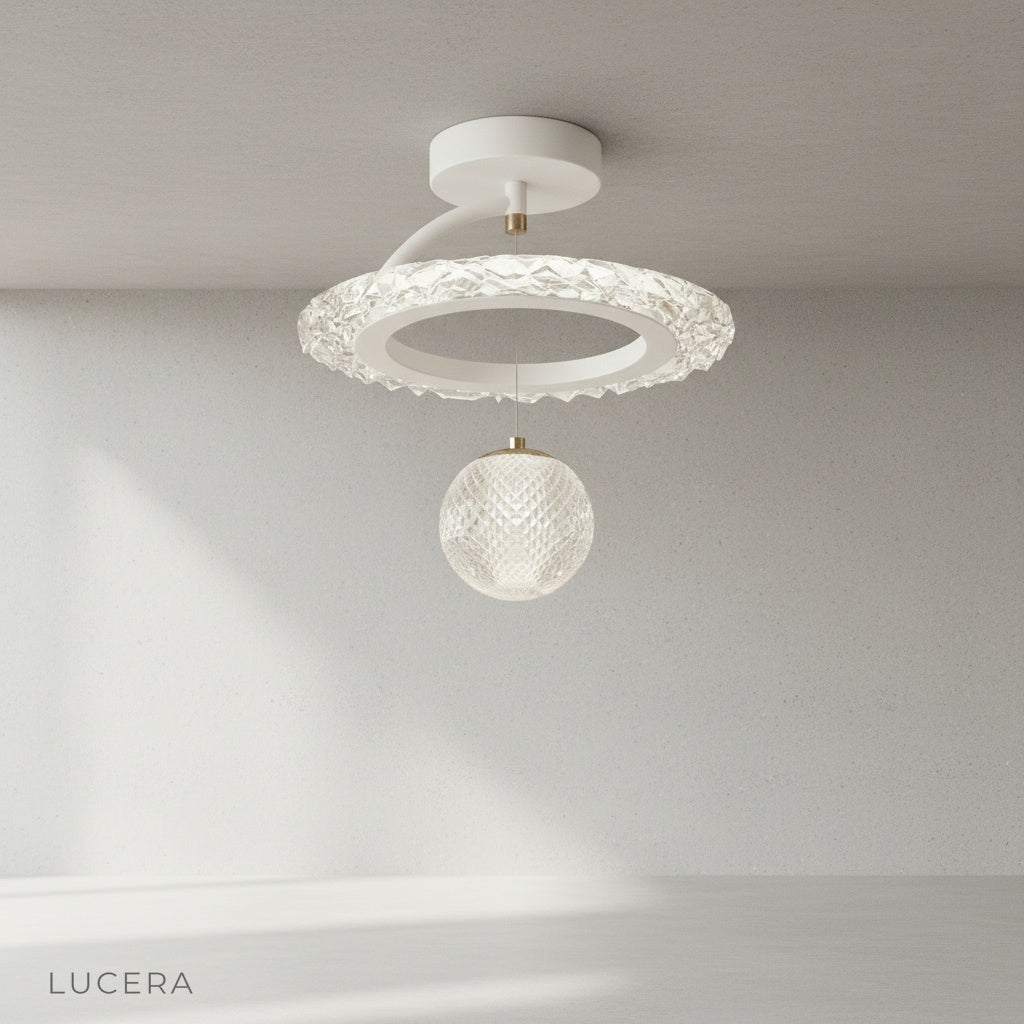 Xyle ceiling light in white finish with clear acrylic accents on neutral ceiling