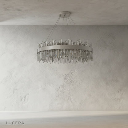 Close-up detail of copper and iron joints with prism-effect crystal lampshade on Eternal Chandelier