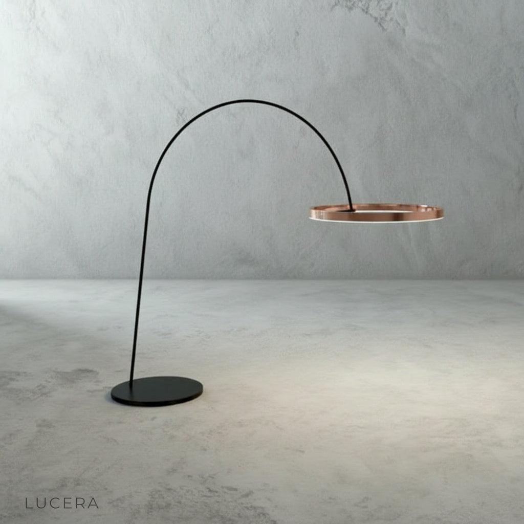 close-up of acrylic ring detail on Unison floor lamp against neutral wall