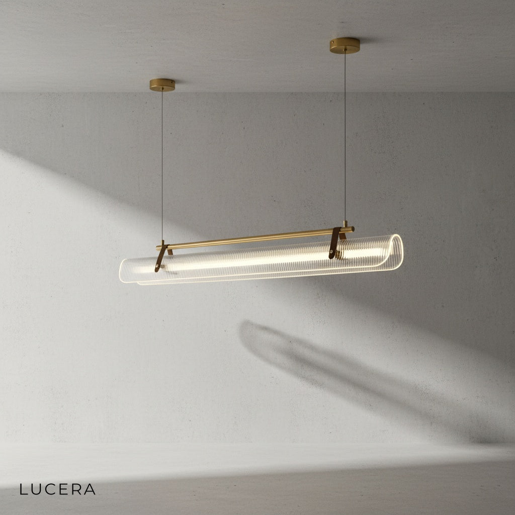 Naphthol rectangle chandelier suspended over a minimalist console table in a neutral-toned hallway