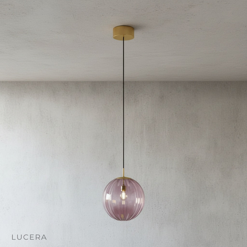 Close-up of textured stained glass panels on the Tramonto pendant light by Lucera