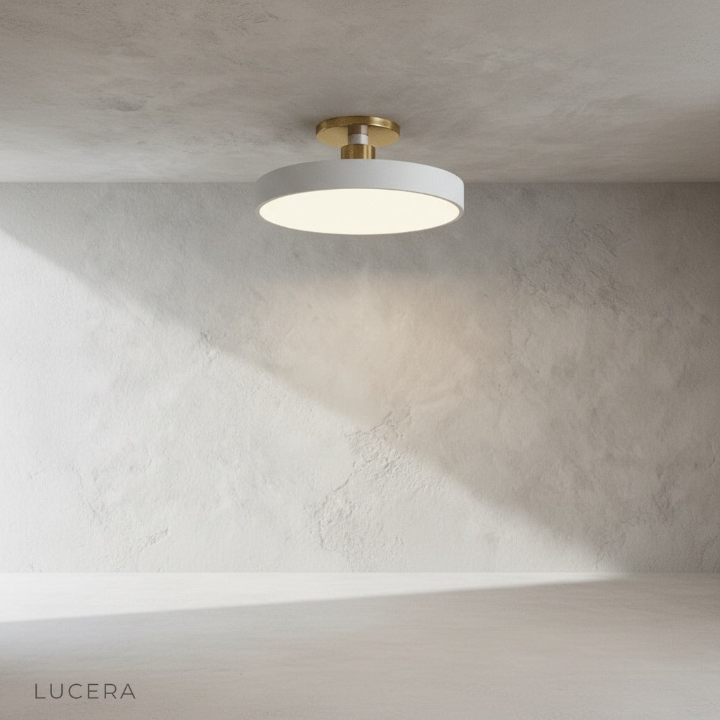 close-up detail of Alizarin ceiling light showing brushed aluminum edge and frosted glass