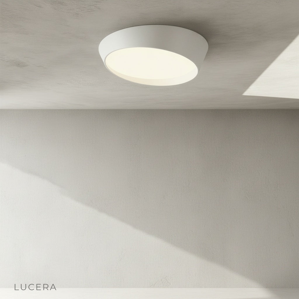 front view of iron framed alabaster ceiling light mounted on neutral ceiling in bright studio setting