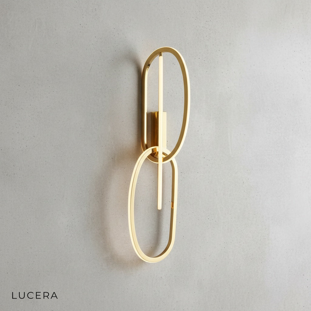 transverse wall lamp in warm white finish mounted above modern bedroom nightstand