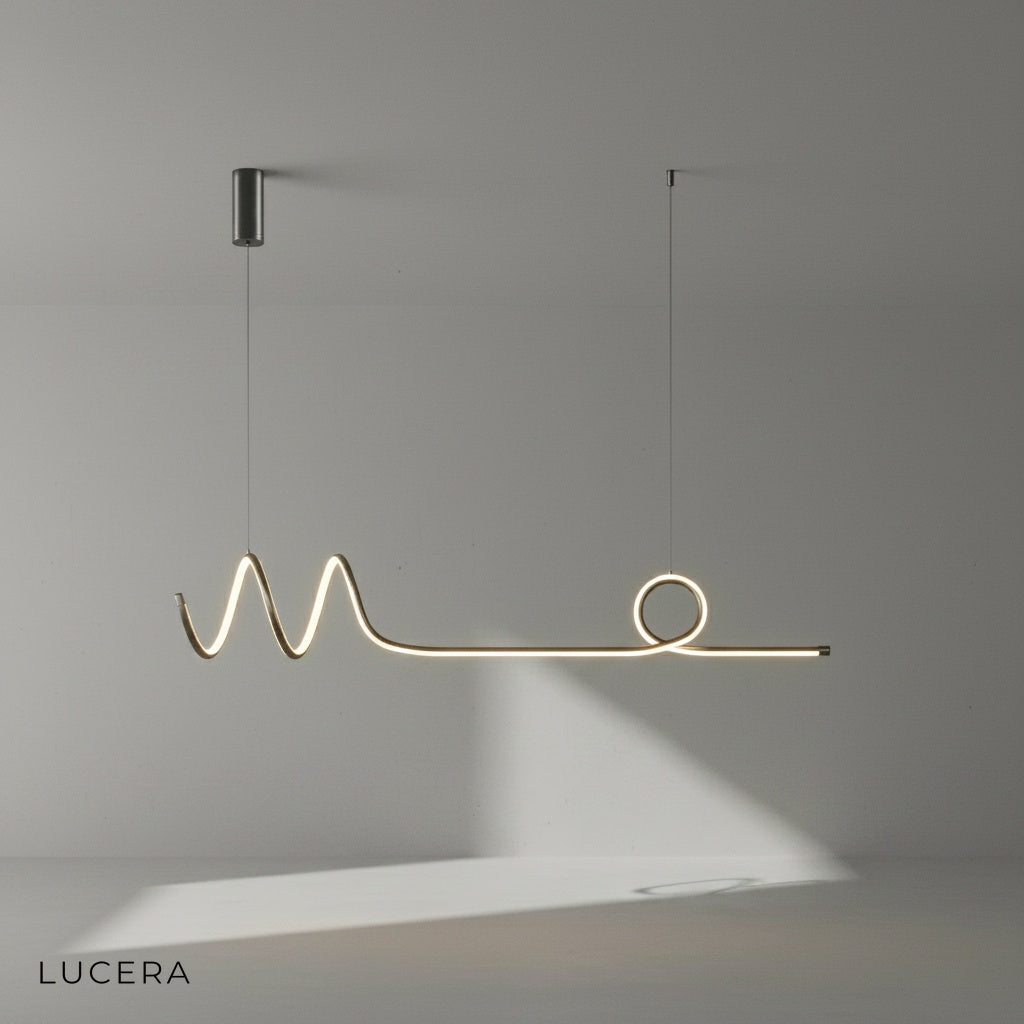detail view of adjustable height cord and ceiling mount on Eira Nordic pendant lamp with long strip