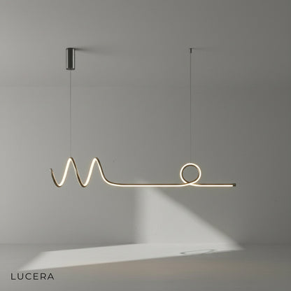 detail view of adjustable height cord and ceiling mount on Eira Nordic pendant lamp with long strip