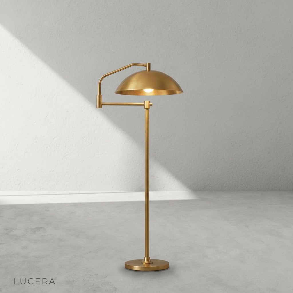 front view of metal floor lamp with smooth finish on clean white background