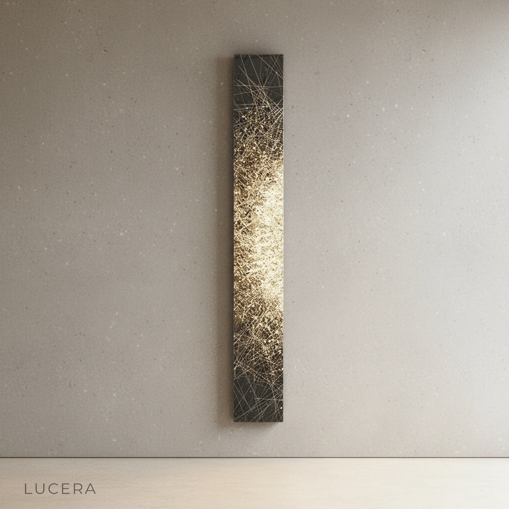 Close-up of Vela Steel Illuminated Art etched steel pattern with soft warm glow