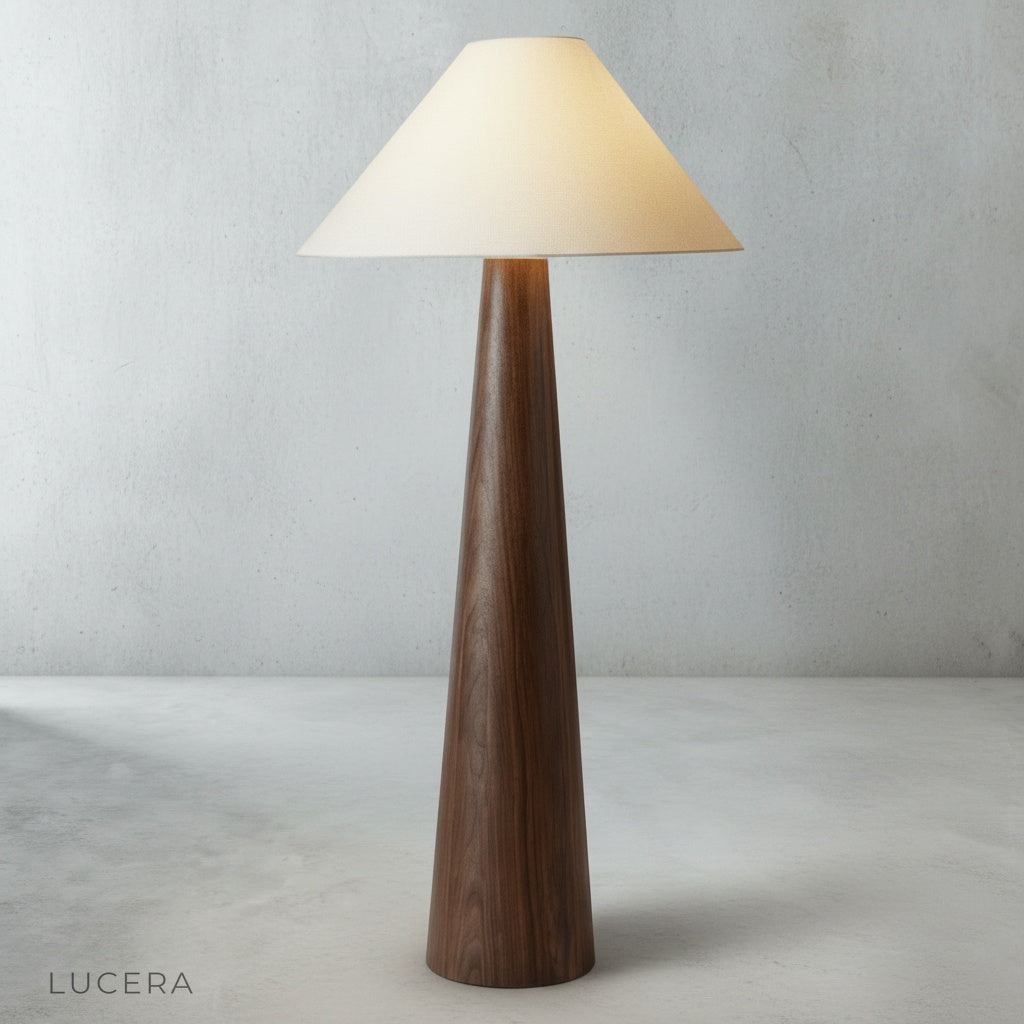 close-up of Lucera floor lamp wood base grain and fabric shade texture detail