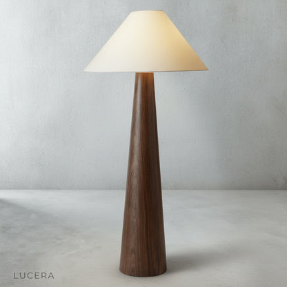 close-up of Lucera floor lamp wood base grain and fabric shade texture detail