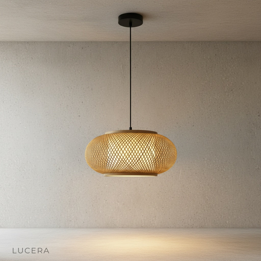 close-up of natural rattan weave pattern on pendant light shade highlighting artisan craftsmanship