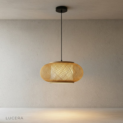 close-up of natural rattan weave pattern on pendant light shade highlighting artisan craftsmanship