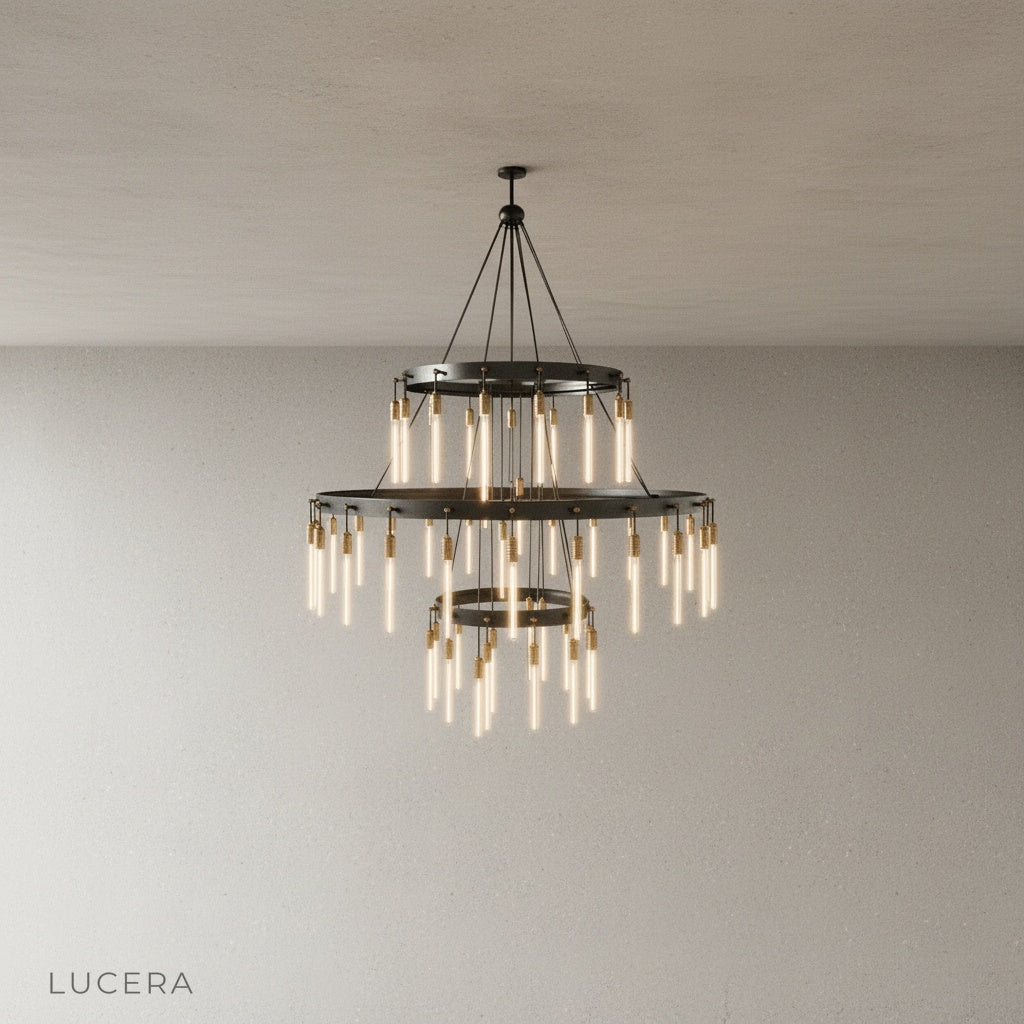 Close-up of Wreathe chandelier brass and steel frame with transparent bulb details