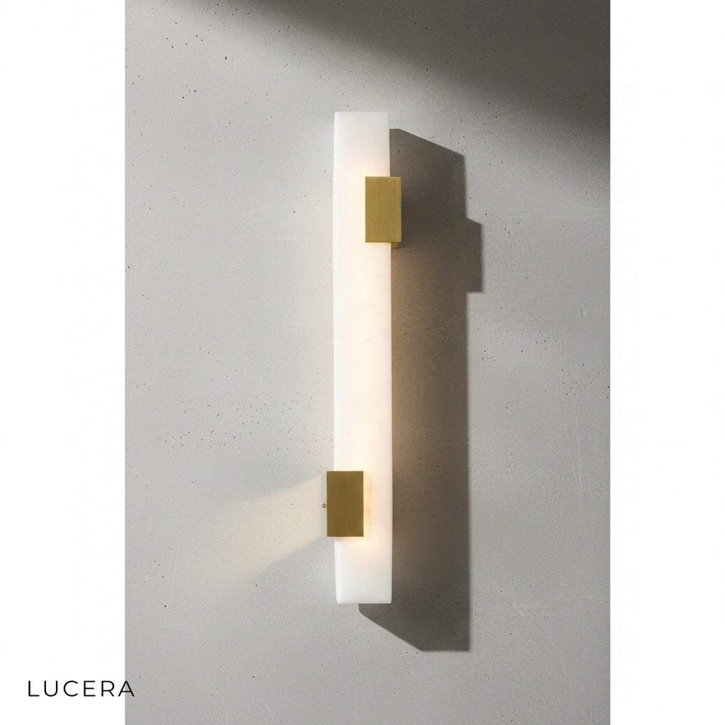 Dendral marble wall lamp in dark ambient hallway with cool 6000K light