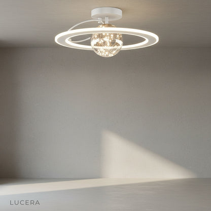 Gadroon ceiling light close-up of dual-ring LED and textured iron finish details