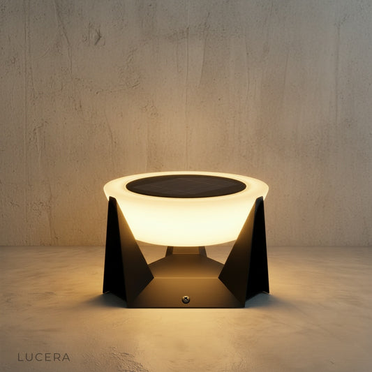 studio view of Wilhelmina solar lamp side profile with subtle textured metal finish