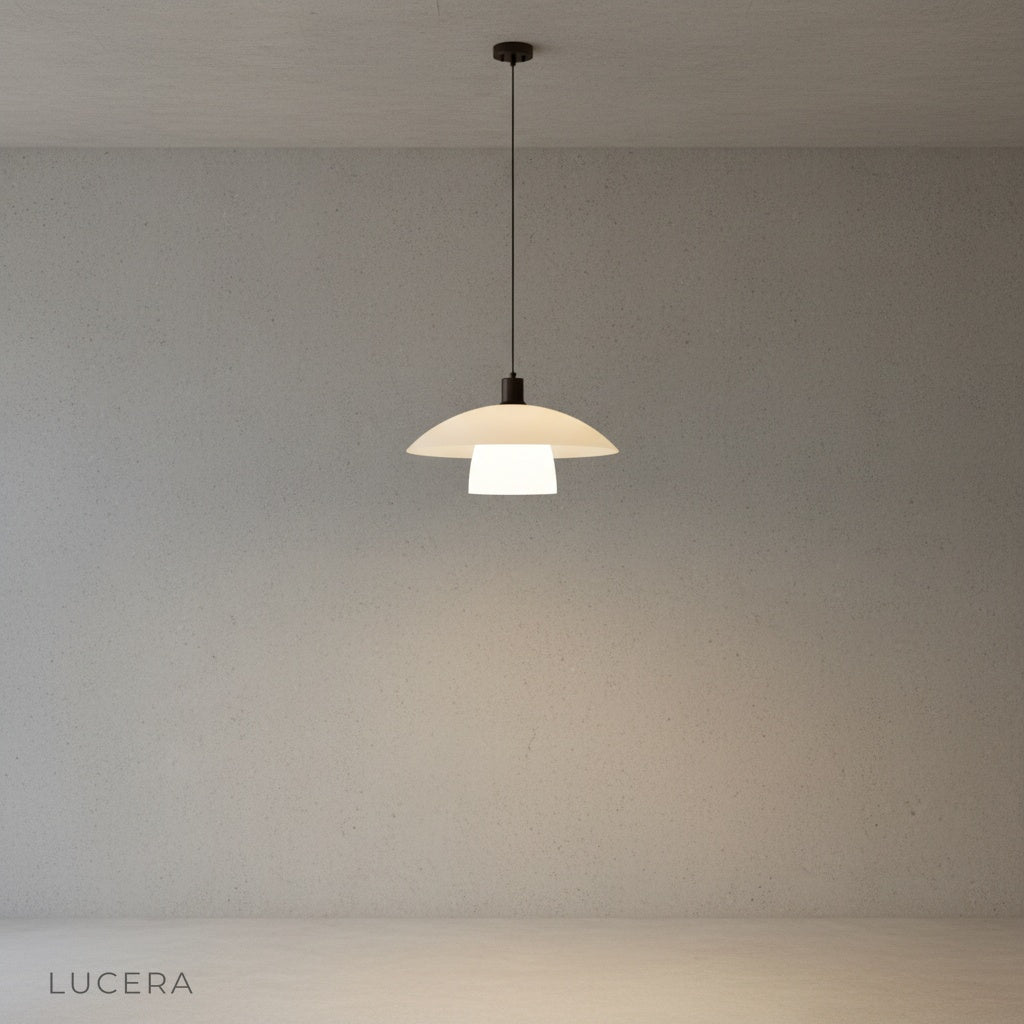 Close-up of Eburnean pendant light frosted glass diffuser and matte black iron suspension