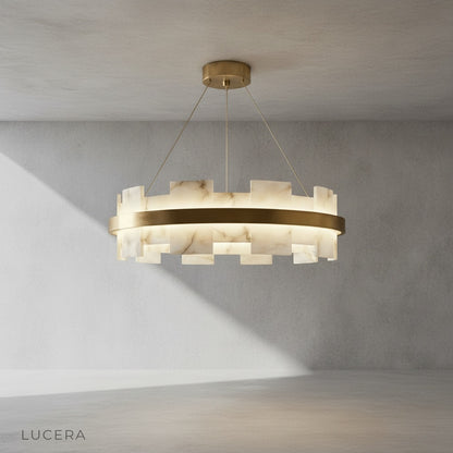 close-up detail of Ablution chandelier alabaster shade with natural veining and warm copper ring accent