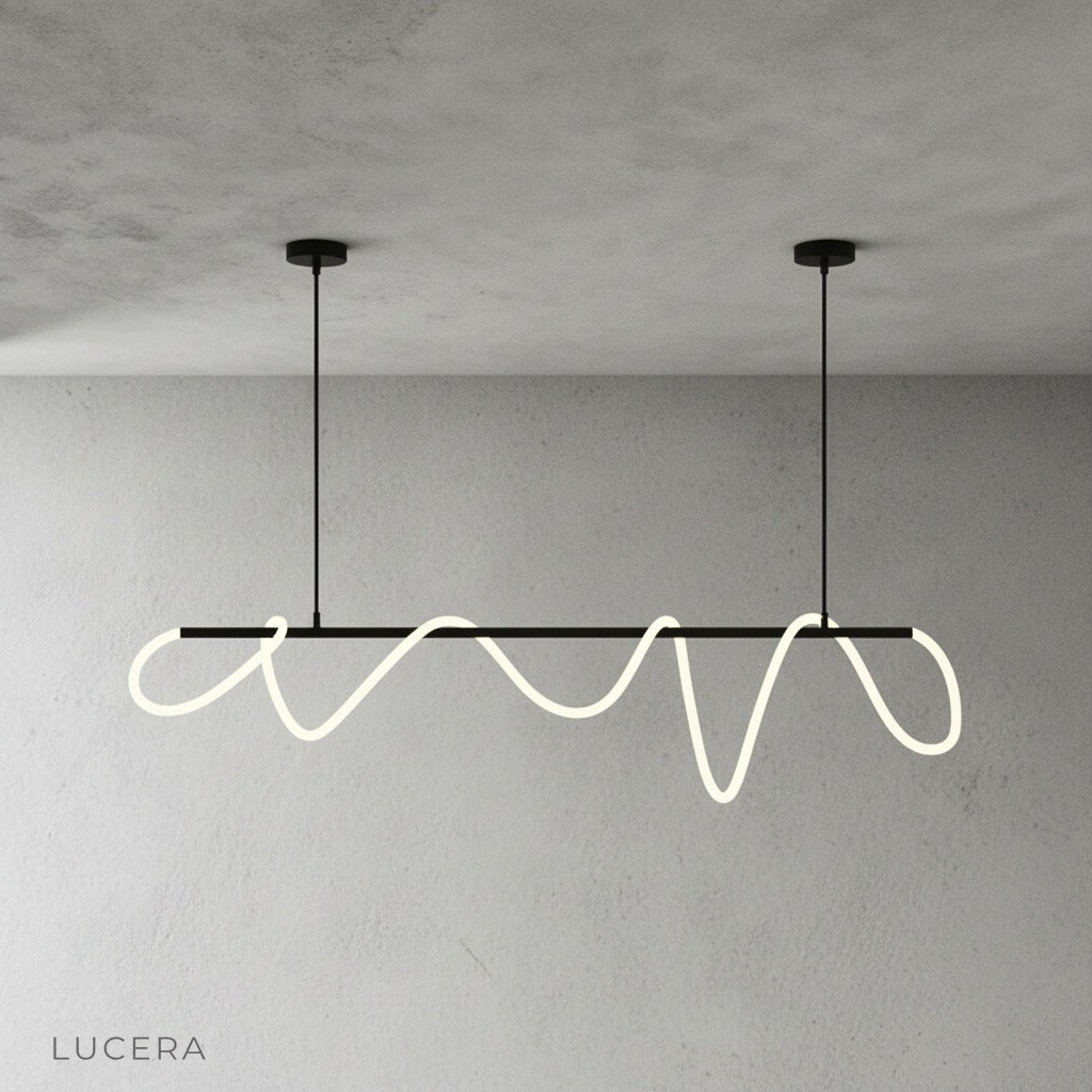 cable chandelier with straight LED tube hanging from black ceiling mount