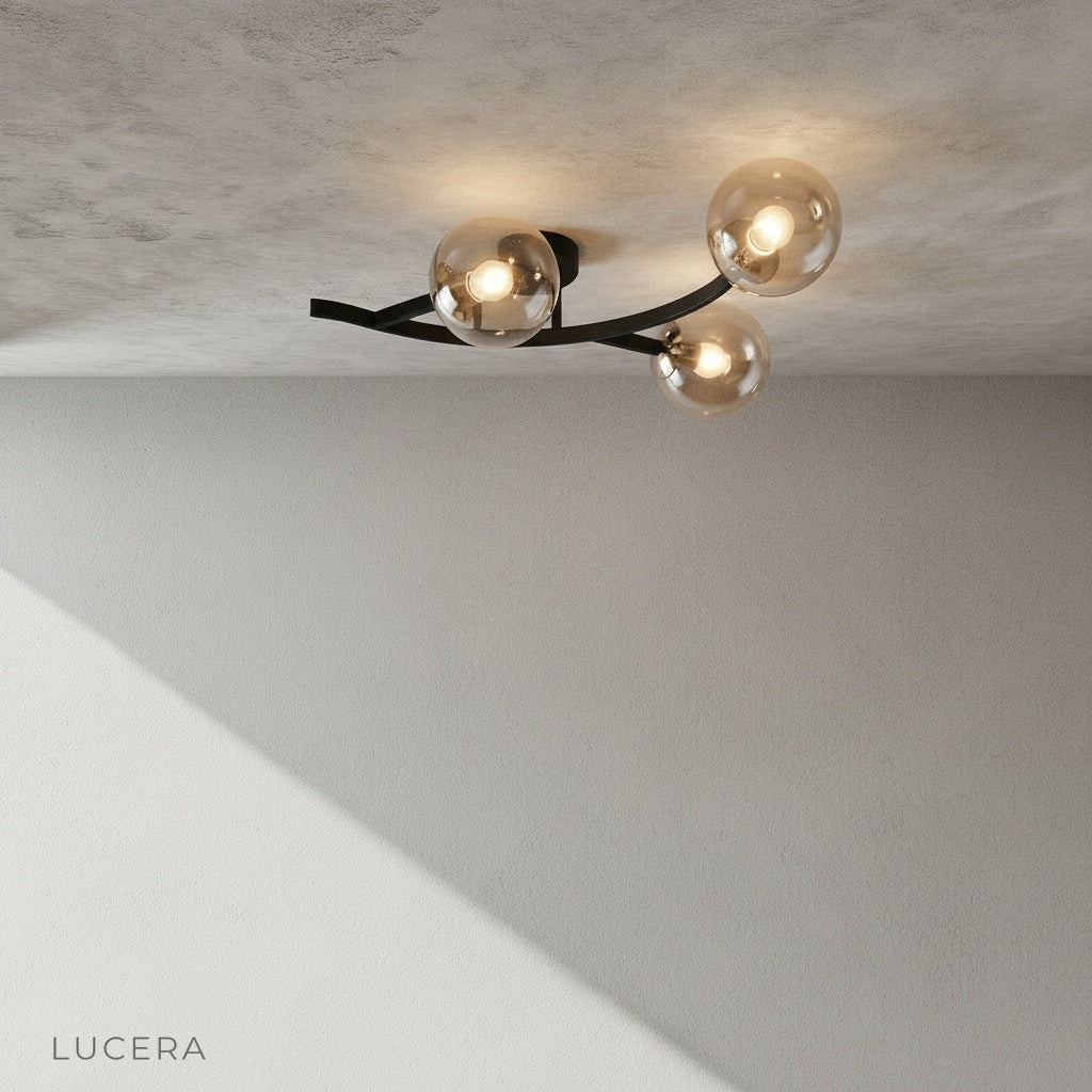cavern ceiling light with warm glow above a wooden dining table