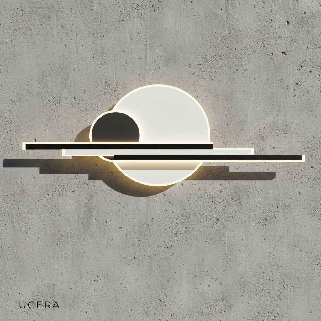 Zola LED wall lamp with warm glow casting light on textured concrete wall
