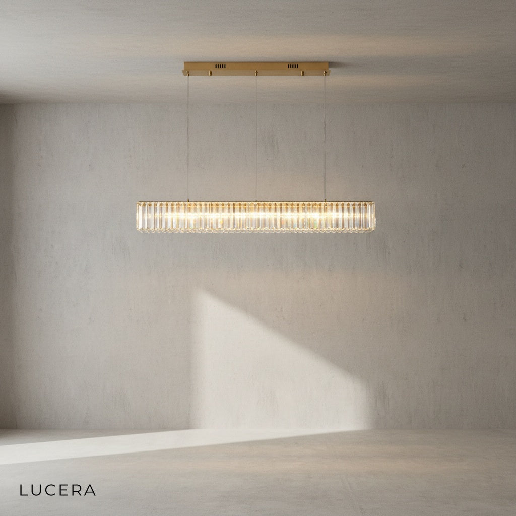 Ivar rectangular chandelier in a minimalist studio setting with soft shadows and cool light