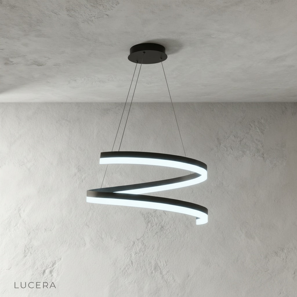Close-up of sleek iron spiral frame and luminous acrylic diffuser on Hypnotize pendant