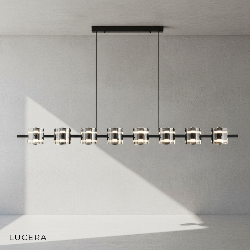 Black and glass chandelier in covered patio with IP44 waterproof rating