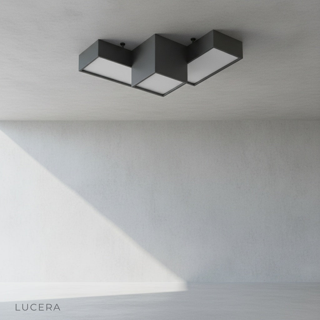 Bone Black Ceiling Light geometric layers viewed from below against white ceiling