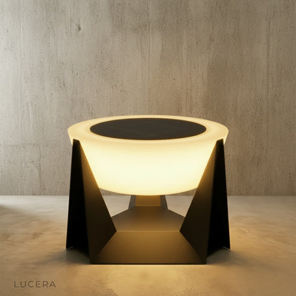 close-up of Wilhelmina lamp top solar panel and warm LED diffuser detail