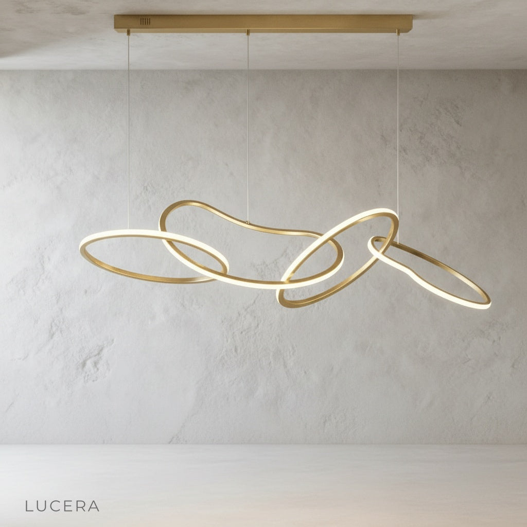 close-up detail of stainless steel loop joints and soft LED light diffusion on Yakitori chandelier