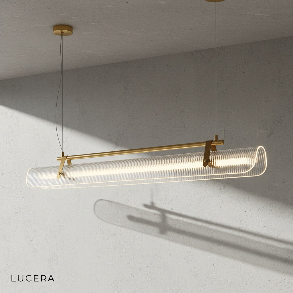 Naphthol chandelier with adjustable cord lowered, showing leather wrap texture and industrial iron rivets