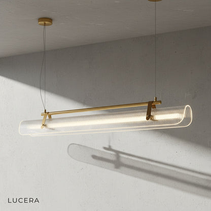 Naphthol chandelier with adjustable cord lowered, showing leather wrap texture and industrial iron rivets