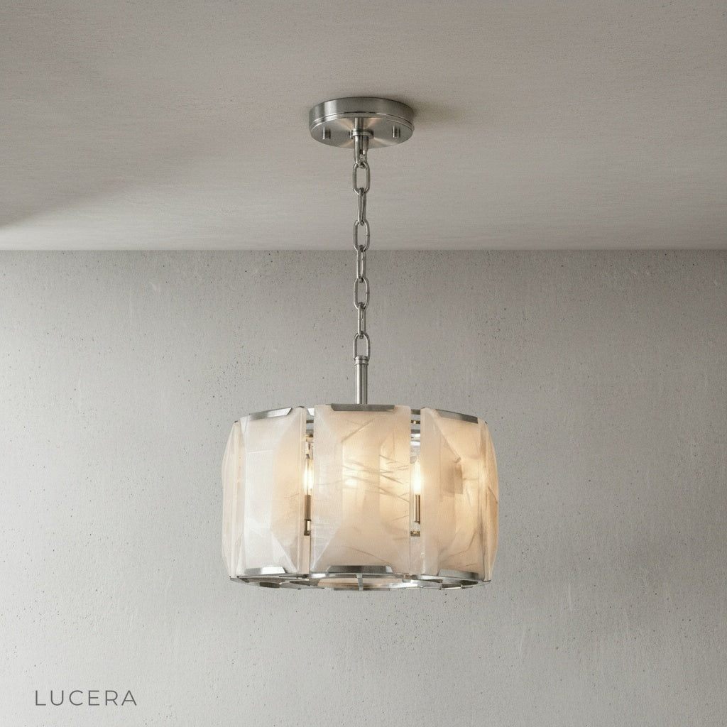 Vivid Round Alabaster Chandelier hanging in a bright entryway with neutral walls and wooden floor