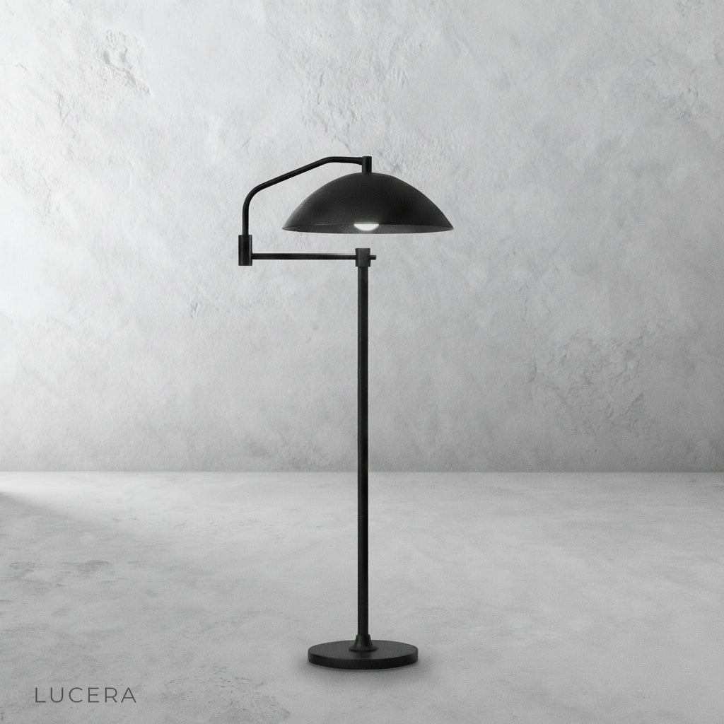 close-up of wide dome shade and curved arm detail on Caledon lamp