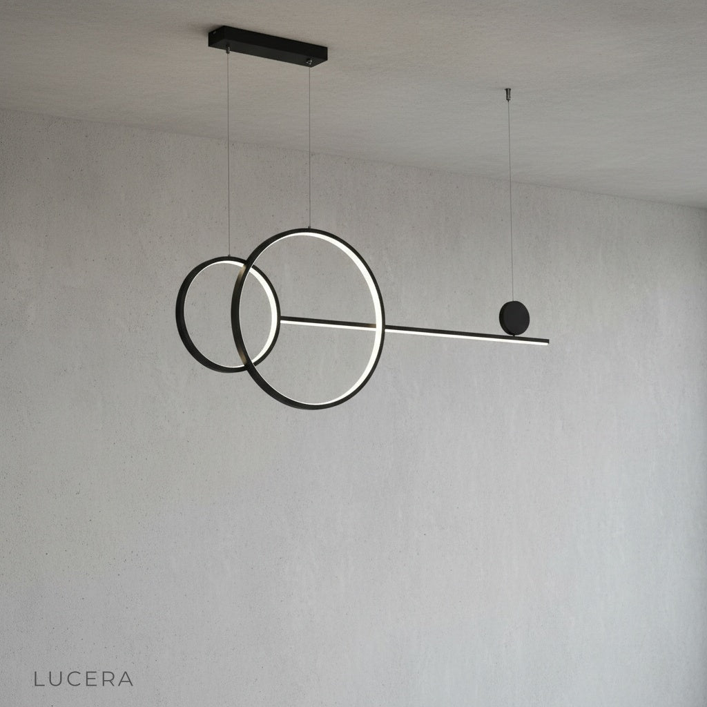 Brumal pendant light with two interconnected rings in matte black finish
