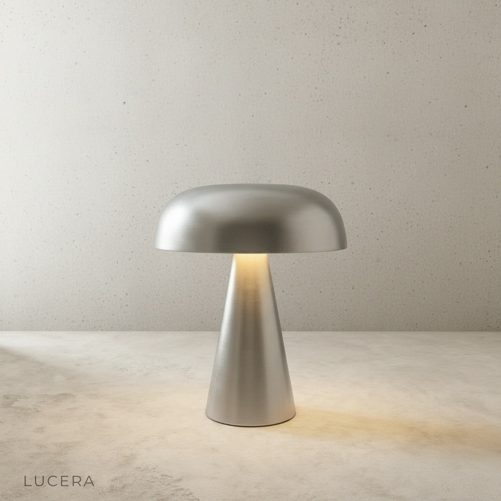 matte gold and copper Nenia table lamps side by side on shelf