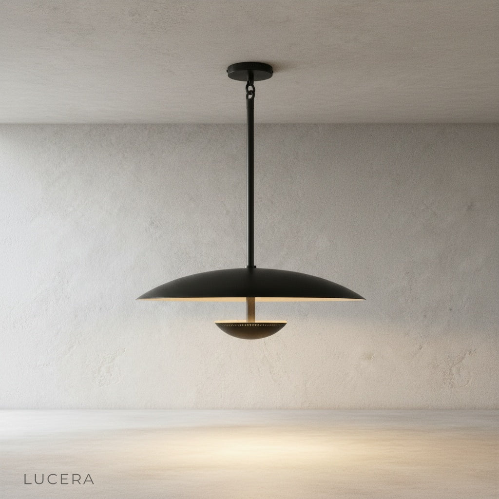 Ravish wide disc pendant light hanging over kitchen island with soft daylight ambiance