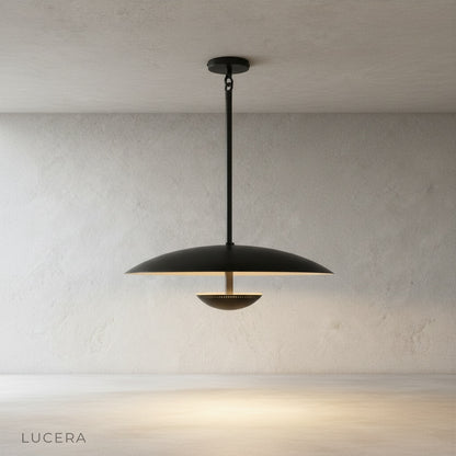 Ravish wide disc pendant light hanging over kitchen island with soft daylight ambiance