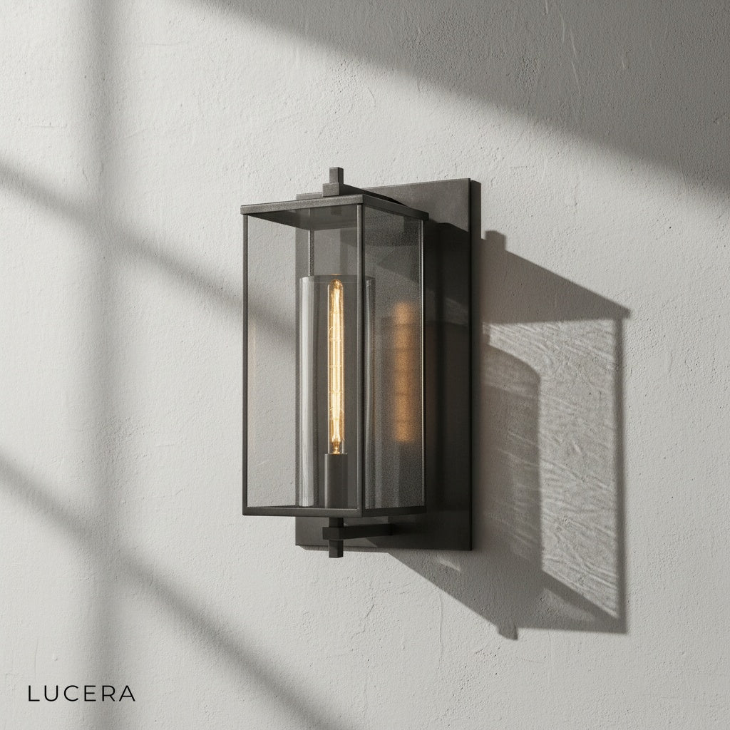 Ariel retro sconce glowing softly beside a wooden console table in a modern bedroom