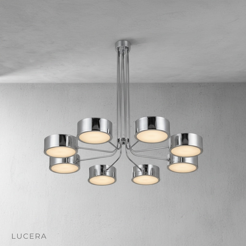 Lacrima chandelier with all five lights on, soft even illumination from above