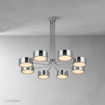 Lacrima chandelier with all five lights on, soft even illumination from above