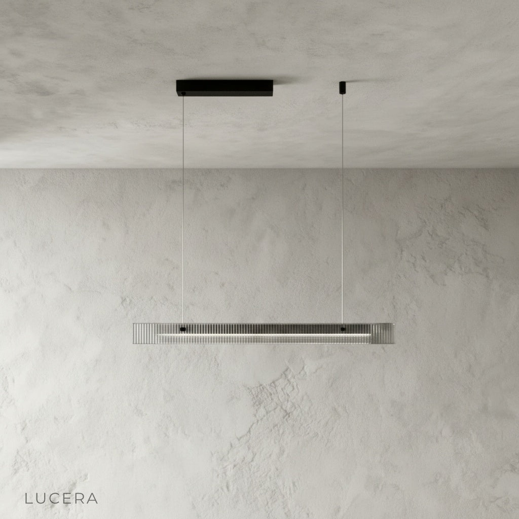 close-up of matte black iron frame and socket detailing on linear chandelier