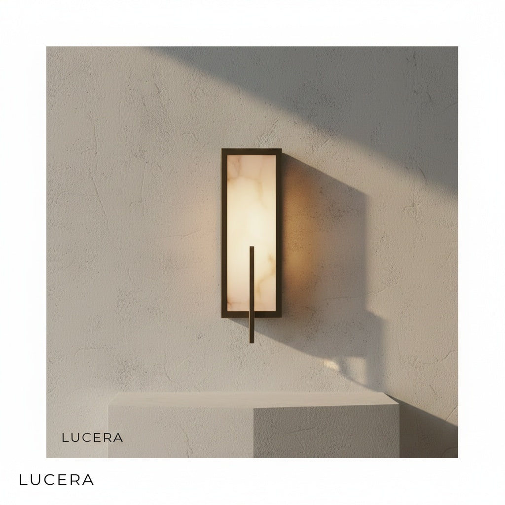 Detail view of warm LED glow through frosted acrylic shade of Amalfi lamp