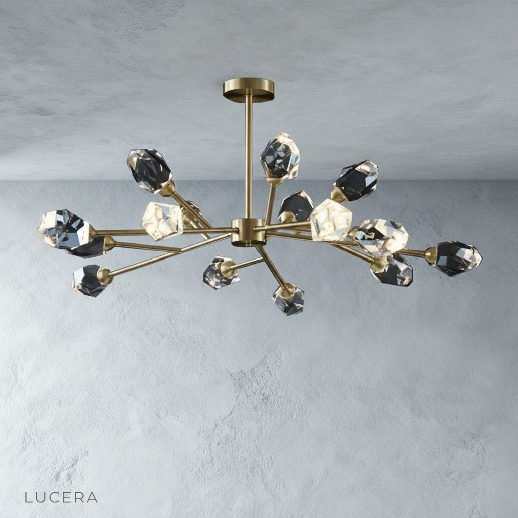 close-up of cassia chandelier crystal details with soft light reflecting through prisms