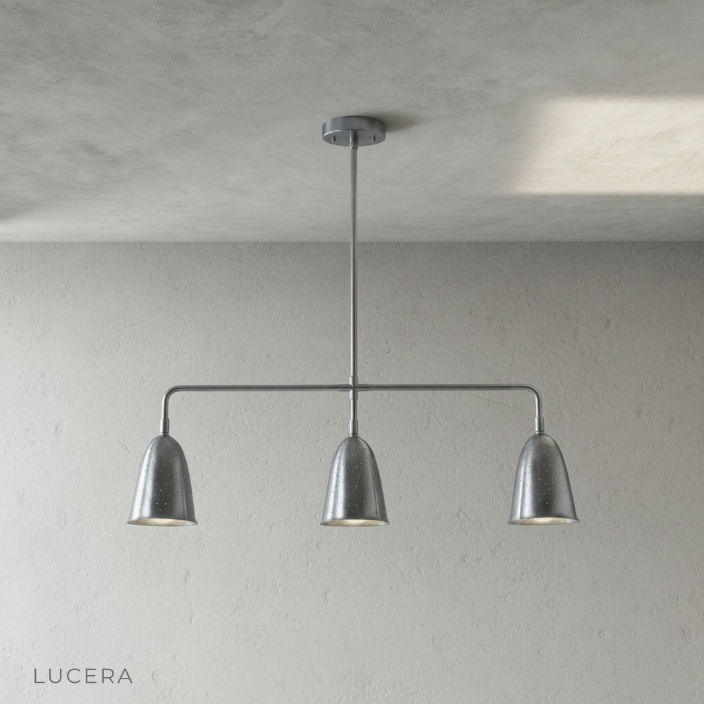 angled studio view of whimsy linear chandelier showing balanced linear silhouette
