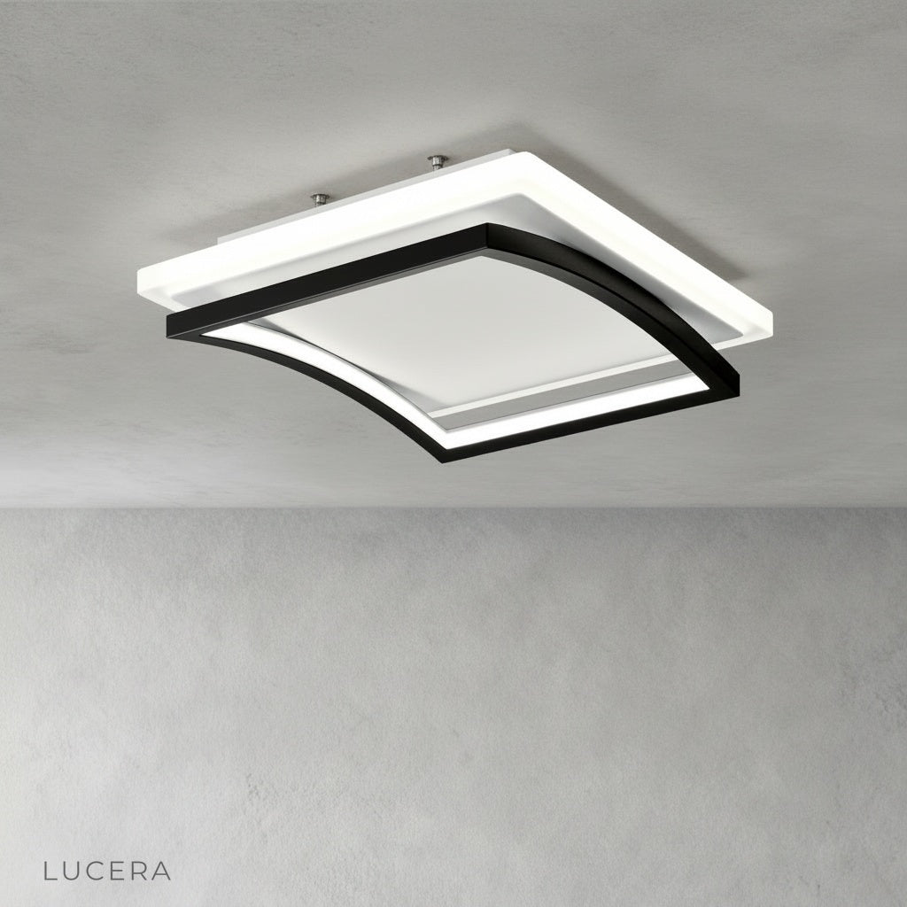 broom ceiling light with warm dimmed glow in modern bedroom at evening